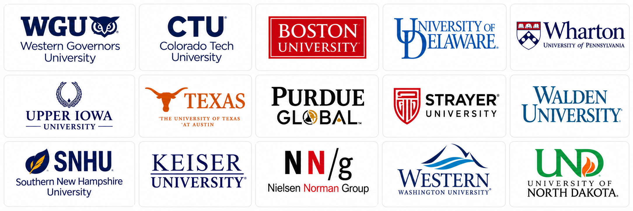 Self paced courses — Western Governors University, Colorado Tech University, Boston University, University of Delaware, Wharton Educational University, Upper Iowa University, University of Texas, Purdue Global, Strayer University, Walden University, Southern North Hampshire University, Keiser University, Nielsen Normal Group, Western Washington University, University of North Dakota